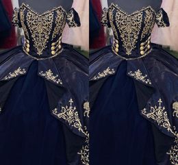 Gold Embroidered Horse Quinceanera Dresses 2023 Navy Blue Ball Gowns Off Shoulder Princess Layers Sweet 16 Dress Graduation Prom Gowns