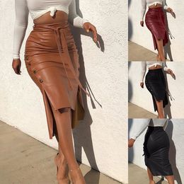 Fashion Ladies Skirts Sexy Womens Leather Skirt Slit Long Slim-fit Lace Up Skirts Solid Colour High Waist Pencil PU Casual Club Wear Size S~3XL 601 351