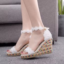 new Women Wedge Sandals White Lace Flowers Bridal Wedges High Heels Open Toe Summer Shoes Bridal Wedding Shoes Big Size