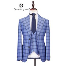 Cenne Des Graoom New Men Suit Plaid Double Breasted 3 Pieces Slim Fit High Quality Blue Wedding Party Costume Groom DG-LOVE 201106