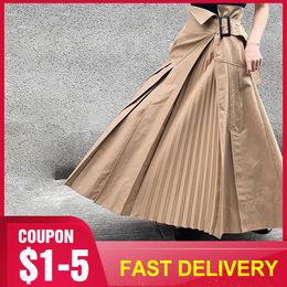 Asymmetrical Casual Pleated Skirt Women Plain Ankle Length Khaki Harajuku Hipster Office Ladies Plus Size High Waist Long Skirts T200712