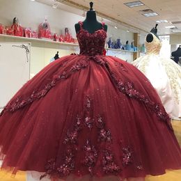 Burgundy Vestidos De Quinceanera Ball Gowns Floral Applique Lace Beaded Sapghetti Sweeheart Lace-up Backless Princess Sweet 15 16 Dress Girl