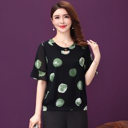 8699# BLX New Women Fashion Summer Blouses Hollow Out Round Collar Half Flare Sleeve Tops Lady Dots Printing Casual Blouse Green Plus Size L-5XL