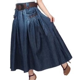 Free Shipping 2020 Fashion Summer Denim All-match Loose Casual Jeans Skirt Elastic Waist Long Skirt For Women With Belt S-3XL T200712