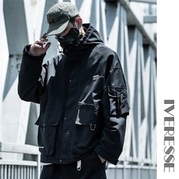 Techwear Hooded Tactical Military Hip Hop Jackets Coats For Men Casual Pockets Men's Overalls Bomber Jacket Streetwear Outerwear 201104