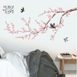 Two Magpies on Pink Plum Blossom Tree Branch Wall Stickers Home Decor Living Room Bedroom Hallway Decoration Wall Graphic Poster 201130