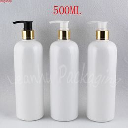 500ML White Round Shoulder Plastic Bottle With Gold Lotion Pump , 500CC Makeup Sub-bottling / Shampoo Packaging Bottlegood qualtity