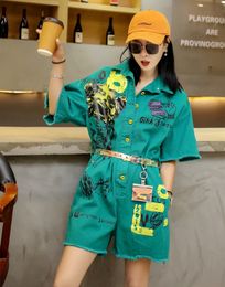 Women High Street Graffiti Print Short Jumpsuit Turn Down Collar Summer Hot Pants Casual Loose One Piece Belt Overalls T200704