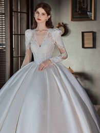 Sweet Wedding Dress With Deep V-neck Long-sleeves Appliqued Lace Back-less Bridal Gown Custom Made Satin Robes De Mariée