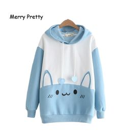 Merry Pretty Cotton Women's Cartoon Rabbit Print With Ears On Hooded Tracksuit Winter Long Sleeve Cute Hoodies Sweatshirts 201029