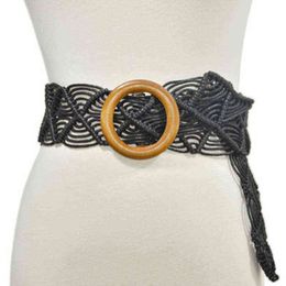 Vintage Wide Bohemian Belts For Women Round Wood Buckle Woven Braided Rope Belt Female Casual Crochet Boho Dress Waistband 1pcs G220301