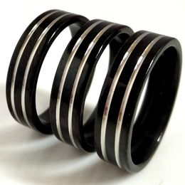 30pcs Men Women Two Lines Groove Black 6mm Wide Comfortable Stainless Steel Rings Wholesale Man Women Wedding Band Ring Wholesale Size Mixed