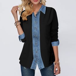 Stitching Denim Shirts Fashion Girls Long Sleeve Turn-down Collar Blouses Woman 2020 Spring New Women Jean Tops Casual Shirt D30 LJ200831