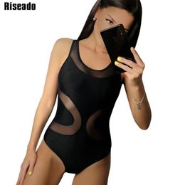 Riseado New Sexy Mesh One Piece Swimsuit Solid Swimwear Women Push Up Swimsuits Mujer Cross Bandage Summer Beach Wear T200114