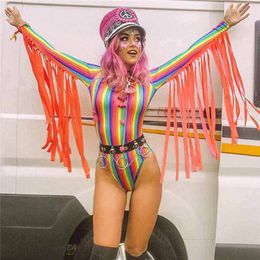 Colourful Rainbow Stripes Bodysuits Women O Neck Long Sleeve Jumpsuits With Orange Long Tassels Rave Festival Clothing Clubwear T200702