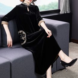 2020 Vintage Black Gold Velvet Plus Size Midi Dresses Fall Winter Casual Loose Dresses Women Elegant Bodycon Party Vestidos LJ201202