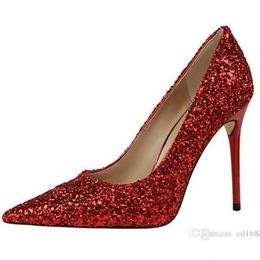 2020 new European style women pumps shoes shallow mouth Pointed sparkle glitter seductive sexy Wedding shoes woman Thin nightclub high heels