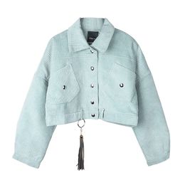 PERHAPS U Women Corduroy Jacket Pocket Winter Autumn Outerwear Button Tassel Black Gray Blue C0043 201030