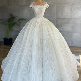 O Neck Retro Ball Gown Wedding Dresses Sequins Cap Sleeve Bridal Gowns Lace Pleat Long vestido de novia