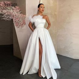 Verngo 2021 Elegant White Satin Evening Dress Long Red Black Prom Gowns With Pockets Feather Side Slit Formal Party Dress LJ201118