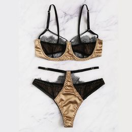 Eyelash Lace Bra and Panty Set Transparent Push Up Brassiere Cut Out Harness Lingerie Set Sexy Satin Underwear Women Y200708