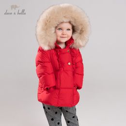 DB11623 dave bella winter baby girls down coat pockets fur hooded outerwear children 90% white duck down padded kids jacket LJ201125