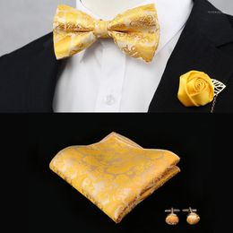 Bow Ties Paisley Floral Yellow Pre-tied Gold Tuxedo Tie Set For Men 100% Silk Handkerchieves Adjustable Fashion Casual Party Wedding1