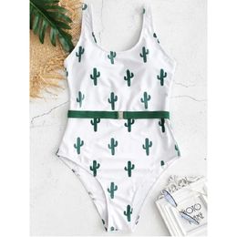 New 2019 Sexy One Piece Swimsuit Female Print Leaves Cactus Bodysuit Brazilian Monokini Swimwear Women Bathing Suit Swimming T200708