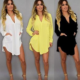 Donne Solid Chiffon Camicetta Camicetta Mini Dress Pocket V Collo V Casual Allentato Manica Lunga Camicetta Top Summer Beach Beach Cover Up Dress Y0118