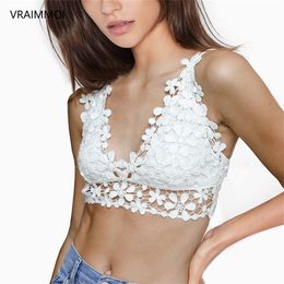 Tank Top Boho-inspired Bralette Cotton Crochet Daisy Design Smocked Back V-neckline Underwear Women Lingerie Solid White Bra LJ200822