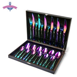 24PCS Tableware Flatware Set Non-fading Cutlery Sets 18/10 Stainless Steel Dinnerware Rainbow Dinner Kitchen Home Wood Gift Box 201119