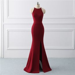 Burgundy sexy evening gown dress Mermaid prom dress stretch fabric Long Evening Dresses side slit Prom Dress vestido de noiva LJ201123