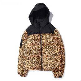 Maple Leaf Print and Leopard Hooded Couple Thicken Down Jacket Can Hide Hat