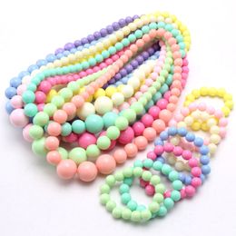 Handmade Kids Girl Candy Color Acrylic Beaded Charm Bracelets Necklace 2pcs Jewelry Set Children Birthday Party Decor