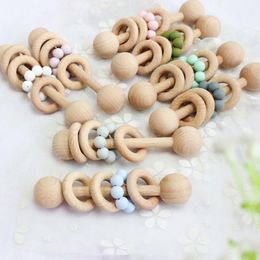 Baby Teether Toys Beech Wooden Music Rattle Wood Teething Rodent Ring Silicone Beads Musical Chew Play Gym Stroller Toy Shower Gift