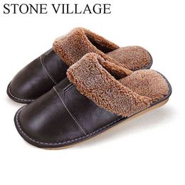 Plus Size 35-44 Genuine Leather Warm Winter Home Slippers Non-Slip Thick Warm House Shoes Cotton Women Men Slippers 5 Colours W220218