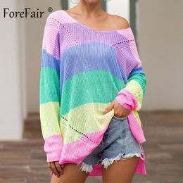 Forefair Oversize Rainbow Womens Sweater Casual Plus Size Multicolor Knitted Autumn Winter Pullover Striped Female Jumper Y200930