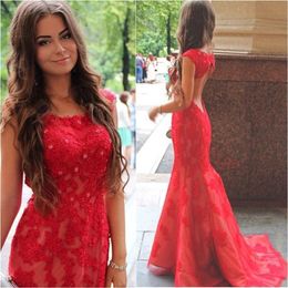Red Mermaid Prom Dresses Backless Lace Beaded Sweep Train Scoop Neck Sleeveless Custom Made Evening Party Gowns Plus Size Vestidos