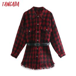 Tangada Women Red Plaid Pattern Thick Coats With Belt Loose Long sleeves pocket Ladies Elegant Autumn Winter coat 3H128 201027