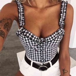 Sexy Women Blouse Fashion Plaid Crop Top Ruffle Sleeveless Ladies Tops Womens Shirt Tops And Blouses Casual Female Blouses Top H1230