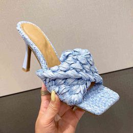 Slippers Weave Design High Heels Women Elegant Party Shoes New Sexy Square Toe Summer Ladies Flip Flops Luxury 42 220308