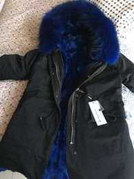 Real picture blue raccoon fur trim winter women snow coats blue rex rabbit fur lining black long parkas women snow coats