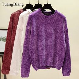Chic Vintage chenille Cashmere Women Full sleeve Gold velvet Sweaters Winter Ladies Solid color O-Neck Loose female jumpers 201111