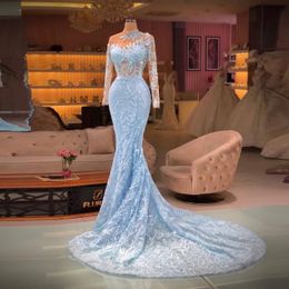 Gorgeous Sky Blue Lace Mermaid Evening Dresses 2022 Long Sleeves Appliques Sweep Train Women Formal Prom Party Gowns Custom Made