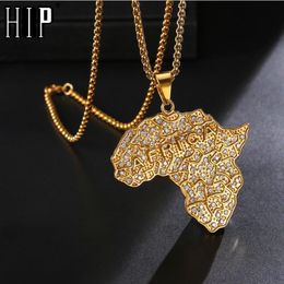 HIP Hop Rapper CZ Stone Bling Iced Out Africa Map Pendants 24inch Gold Color Stainless Steel Chain Necklace for Men Jewelry