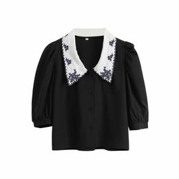 new spring fashion women sweet embroidery peter pan collar casual blouse office lady puff sleeve shirts chic chemise tops LJ200812