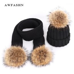 Hats, Scarves & Gloves Sets Autumn And Winter Women's Knitted Cotton Hats Warm Raccoon Fur Pom-pom Children's Ski Hat Scarf Parent