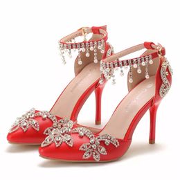 Women Summer Ankle Strap Red Rhinestone Stilettos High Heel Sandals Pointed Toe Party Dress Prom Wedding Sandals Shoes
