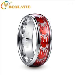Wedding Rings BONLAVIE 8mm Wide Inlaid Red Opal Paper Spider Motif Tungsten Steel Men's Ring Band Carbide Ring1