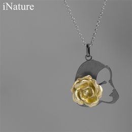 INATURE 925 Sterling Silver Necklace Women Face Roses Flower Pendant Necklaces Jewellery Q0531